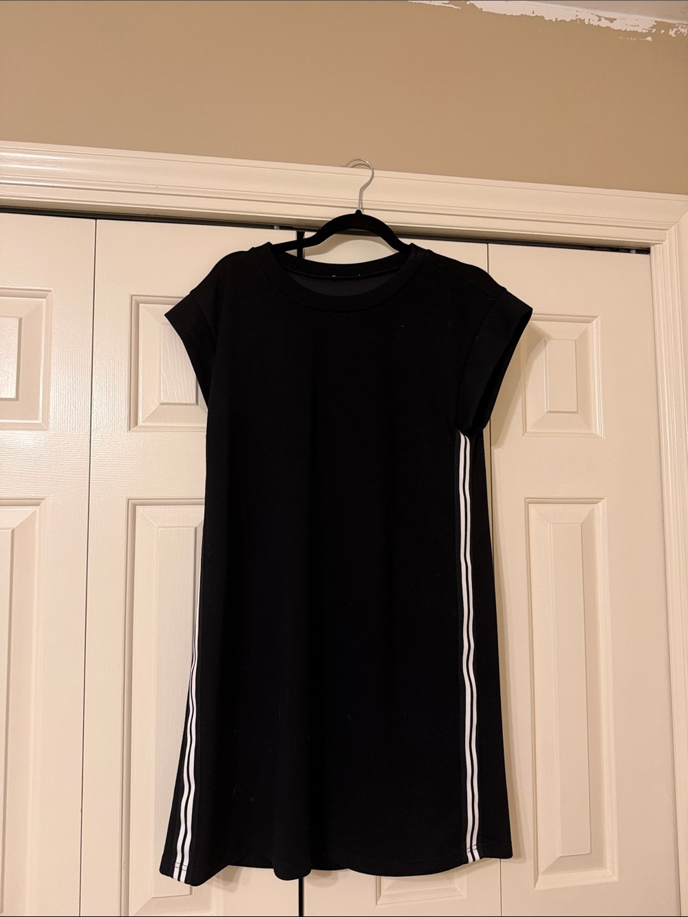Black Mini Tee Dress with White Side Stripes - Casual Women's Dress